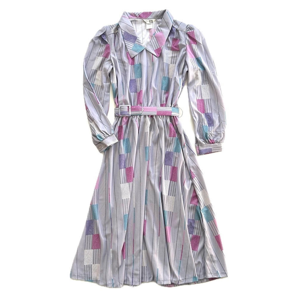 Vintage 1970s Sears Grey Lavender Purple Geometric Print Collared Shirt Dress